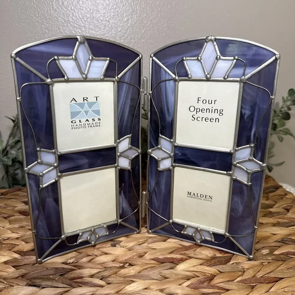 Malden Art Glass 4 Opening Folding Photo Frame Purple Art Stained Glass Style